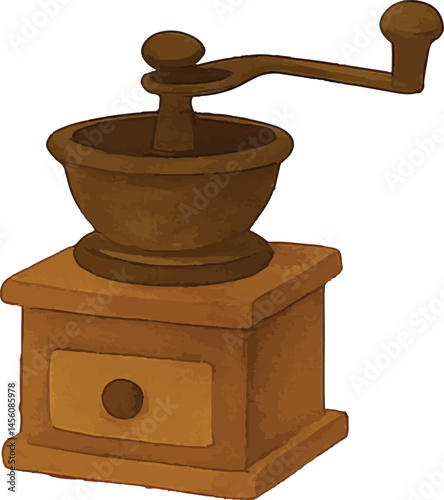 A watercolor-style illustration of a traditional manual coffee grinder with a wooden base, representing the classic way to grind coffee beans