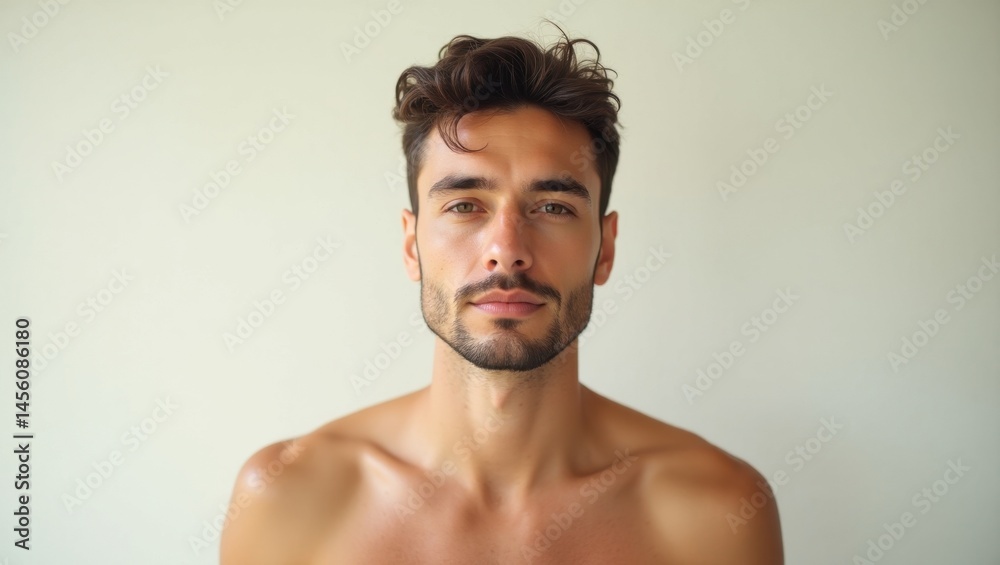 Fototapeta premium Skinimalism. Handsome serious man with curly hair against white wall p
