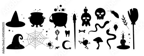 Magician items black silhouettes. Bubbling cauldrons, broom, witch hats, skulls and candles. Snakes and spider, web, mushroom and frog, isolated vector icons