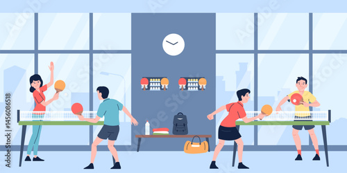 Ping pong game in gym. Workout or sport competition, people playing table tennis. Athletes in uniform play with opponents, recent vector scene