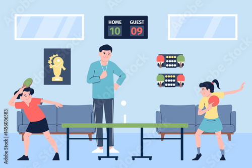 Table tennis kids players. Sport competition, children in gym playing ping pong with trainer. Girls athletes in uniform, workout recent vector scene