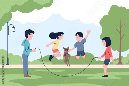 Skipping rope jumping in park. Children outdoor activity, play with jump ropes. Girls boys and dog having fun in garden, team game, recent vector scene