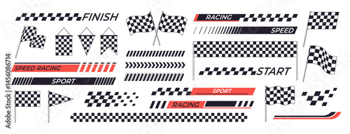 Racing graphic elements. Stripes, checkered flags for start and finish. Car race motosport motion competition logos and symbols, racy vector clipart