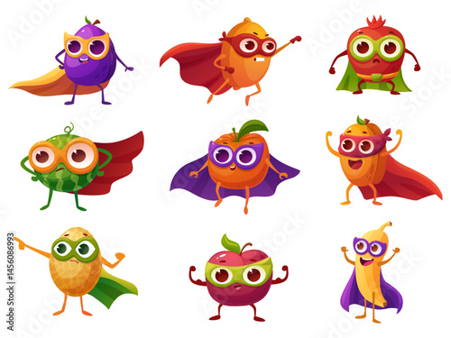 Fruits superheroes. Watermelon apple banana lemon wear red capes and hero masks. Cartoon fresh fruit in action poses, energy nowaday vector characters