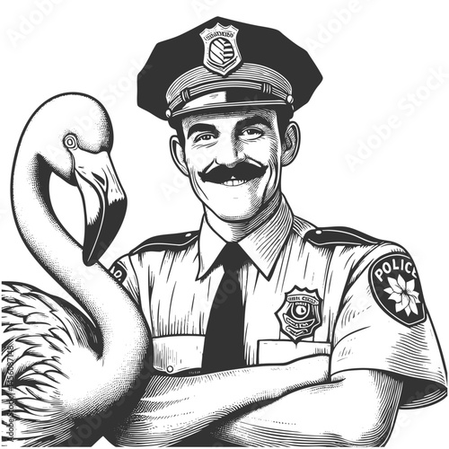 Police officer saluting next to a flamingo, both striking proud and elegant poses in unison sketch engraving generative ai fictional character vector illustration. Scratch board. Black and white image