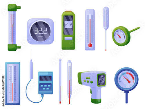 Different thermometers. Medical industrial thermometer, kitchen equipment for dish temperature and measuring weather. Isolated nowaday vector set