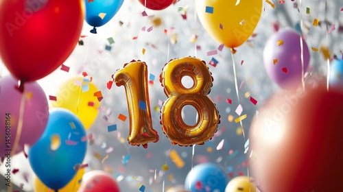 Golden Number 18 Balloons With Festive Celebration Balloons And Confetti, Birthday Party Decoration