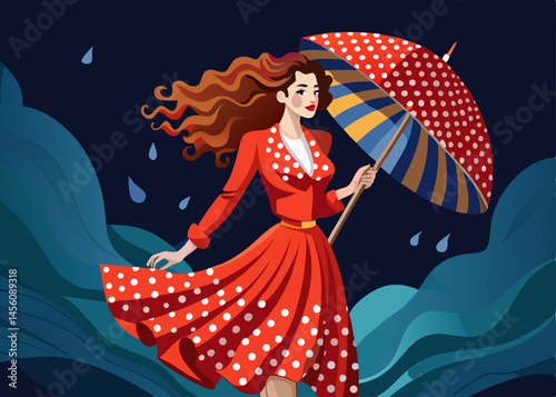 vector of Fashionable young woman in a red polka dot dress, pleated skirt, long curly hair, and sports shoes, a colored umbrella, in a stylish pose on a dark background.