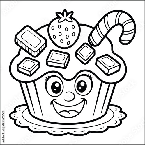 Cute Cartoon Cupcake with Strawberry and Candy Cane Coloring Page