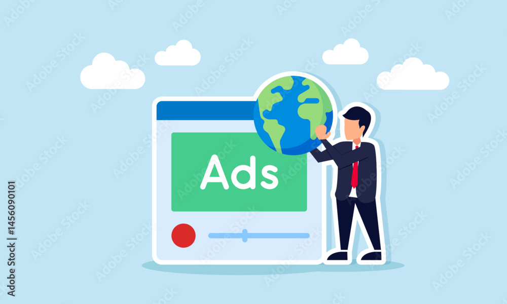 Businessman holding a globe next to an advertisement app interface, illustration of mass broadcast advertising on a global scale Businessman holding a globe next to an advertisement app interface, illustration of mass broadcast advertising on a global scale