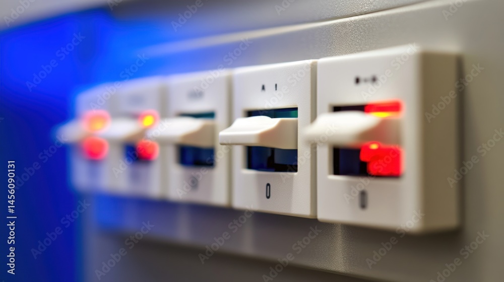 Close-up of Illuminated Electrical Circuit Breakers Close-up of Illuminated Electrical Circuit Breakers