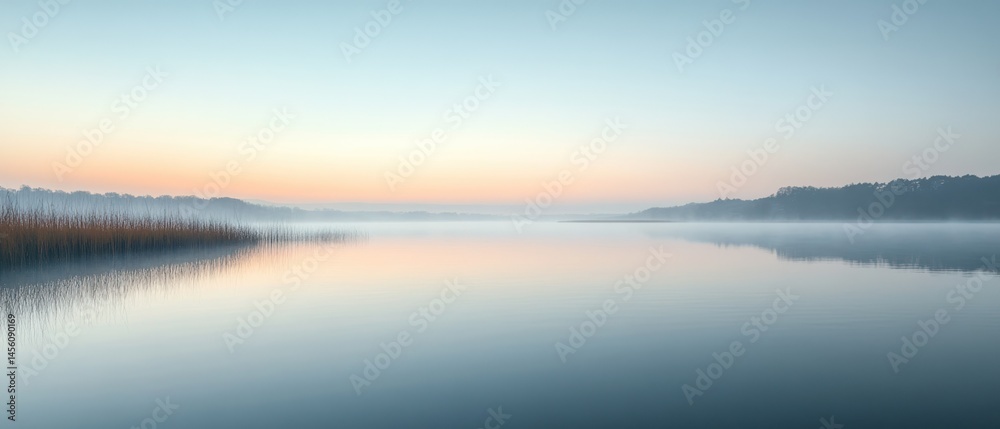 Fototapeta premium Still water reflects soft colors above horizon at dawn, evoking sense of peace and tranquility.