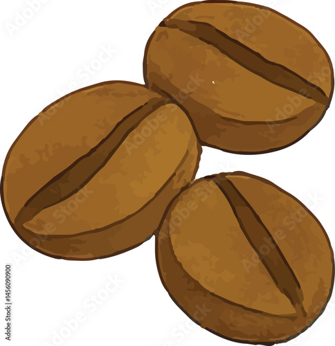 A watercolor-style illustration of three coffee beans, showcasing their rich texture and natural brown color, representing the raw material for brewing coffee