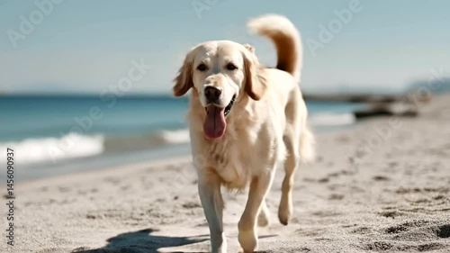 Golden Retriever Running Joyfully on Sandy Beach Under Summer Sun