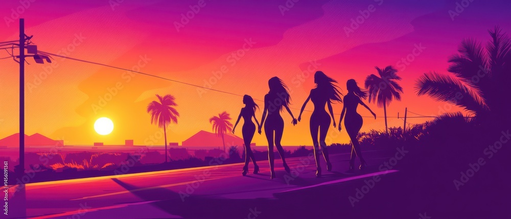 Fototapeta premium Silhouette of four women walking hand in hand on a road at sunset with palm trees in a vibrant purple and orange landscape Concept of friendship, vacation, and summer