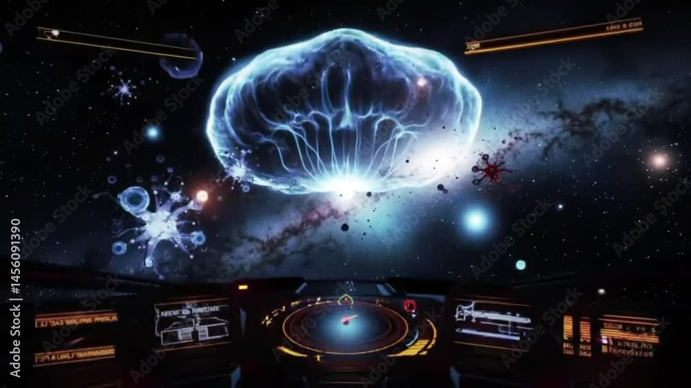 Futuristic spaceship cockpit with abstract alien form in a cosmic environment