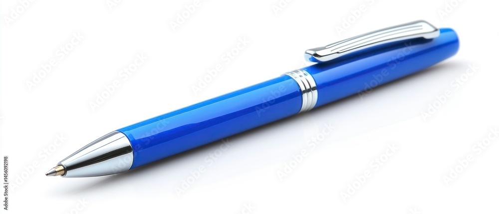 Blue ballpoint pen, resting on white surface, appears sleek, ready for writing. Blue ballpoint pen, resting on white surface, appears sleek, ready for writing.