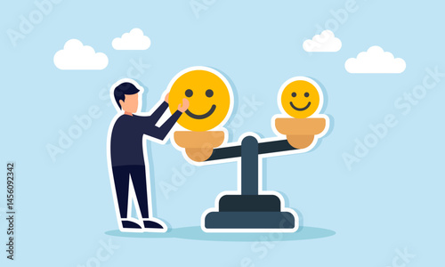 Businessman taking a large happy emoticon on a legal scale, illustration of taking the best positive side from public attention