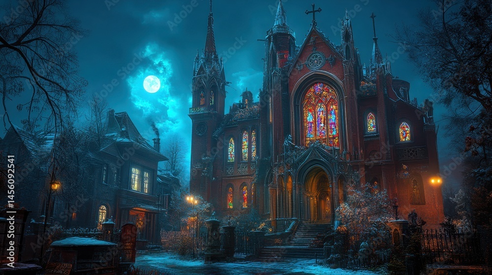 Fototapeta premium Gothic architecture under moonlight a captivating nocturnal scene showcasing stained glass and the historical charm of the church design
