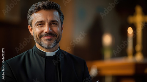 portrait of pastor in christian church giving sermon, catholic or baptist priest, catholicism, baptism, protestantism, religion, god, faith, religious minister, christianity, man in a temple