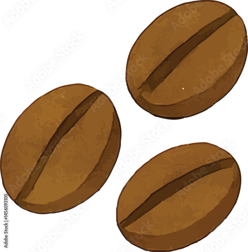 A watercolor-style illustration of three coffee beans, showcasing their rich texture and natural brown color, representing the raw material for brewing coffee