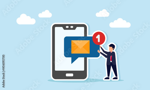 Businessman next to a smartphone holding a chat dialog labeled mail with a new notification, illustration of receiving a business partnership offer email
