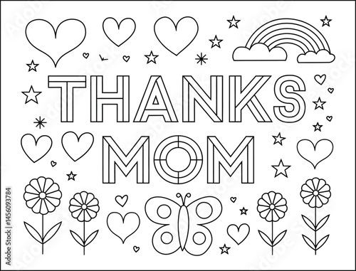 Mothers Day Coloring Page Thanks Mom Hearts Flowers Rainbow