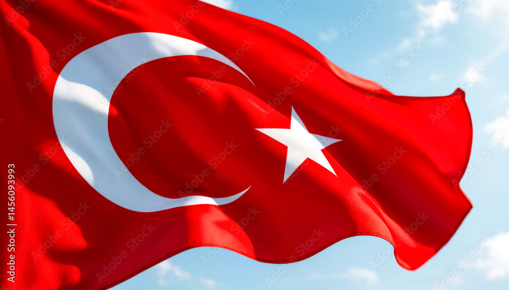 Obraz premium Realistic turkish flag waving in the wind with detailed crescent and star, bright red color, patriotic national symbol