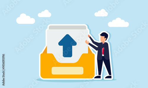 Businessman holding a paper with an upward arrow from a folder, illustration of preparing documents to upload as part of business file requirements