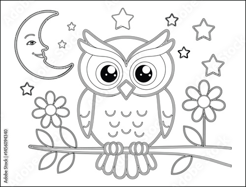 Cute Cartoon Owl on Branch with Moon and Stars Coloring Page