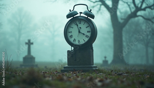 Surreal dreamscape with a melting clock draped over a gravestone in soft foggy light, symbolizing fleeting time and the inevitability of mortality