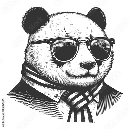 panda bear with sunglasses combining wildlife charm with modern urban fashion for a humorous effect sketch engraving generative ai vector illustration. Scratch board imitation. Black and white image.