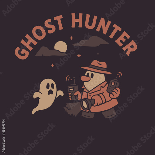Cartoon Ghost Hunter with Flashlight Searching at Night Illustration