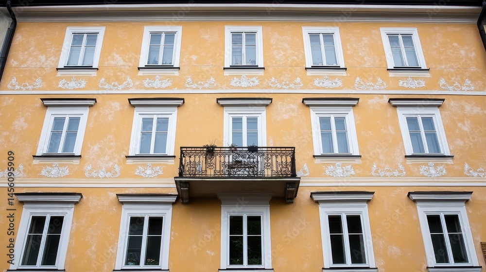 Charming facade featuring ornate balcony and multiple windows showcasing architectural symmetry and european urban landscape aesthetic Charming facade featuring ornate balcony and multiple windows showcasing architectural symmetry and european urban landscape aesthetic