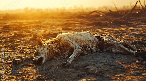 A heartbreaking scene of a dead dog lying in a dry barren field under intense sunlight