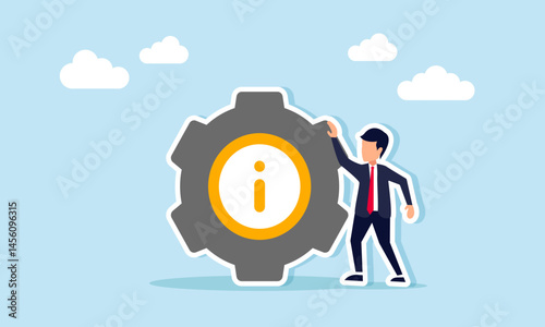 Businessman standing next to a gear with an I or information symbol, illustration of instructions for operating a business system