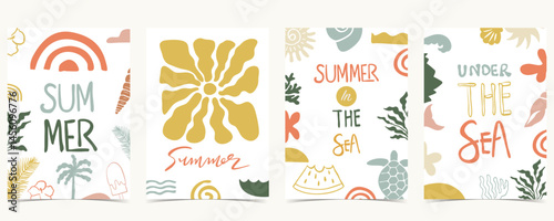 Summer groovy background with rainbowl,sea,under the sea. graphic for a4 vertical design