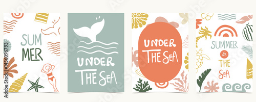 Summer groovy background with fish tail,sea,under the sea. graphic for a4 vertical design