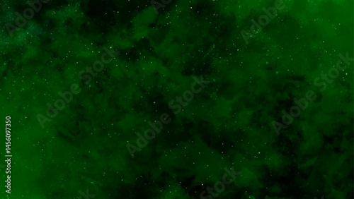 Beautiful green galaxy with stars. Green nebula space background, blue watercolor and paper texture.	