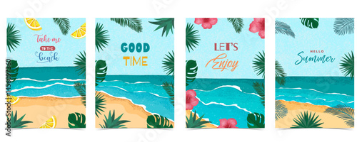 Hello summer background with palm leaves, melon,flower  frame for a4 vertical design