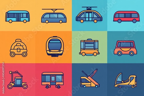 icon set featuring public transport elements in minimal line art style