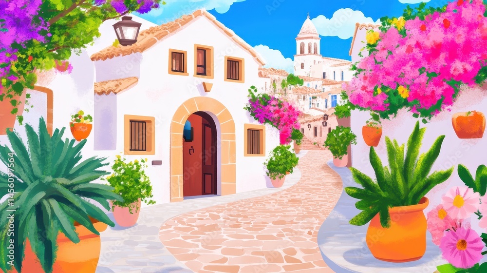 Fototapeta premium Charming pixelated mediterranean village scene with blooming flowers and whitewashed buildings creating a serene travel destination vibe
