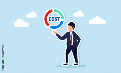 Businessman showing circle chart with COST text inside illustration of diversification classification or distribution of business expenses