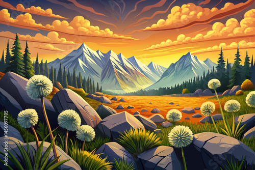 Stunning panoramic view of dandelions growing among rocky terrain with the majestic High Tatra Mountain ridge in the distance, illuminated by a golden summer sunset and dramatic cloudy sky