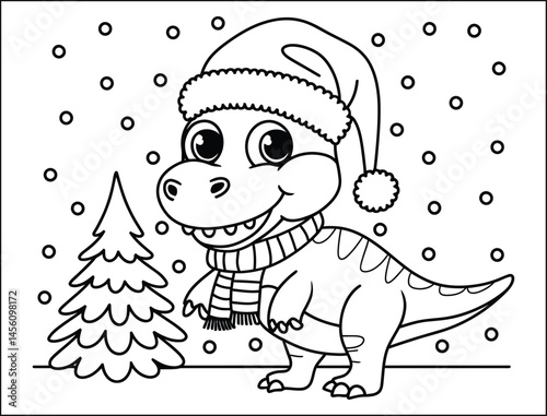 Adorable Cartoon Dinosaur in Santa Hat for Christmas Coloring Page