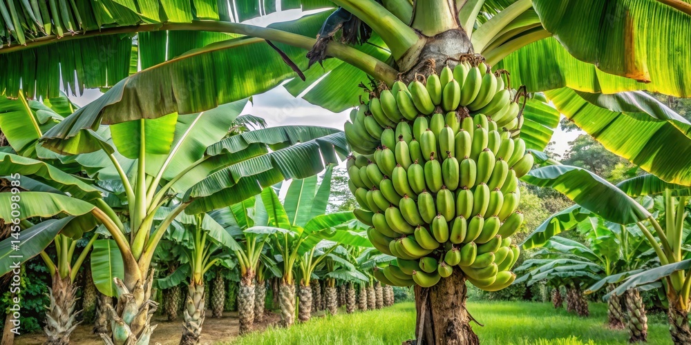 Fototapeta premium Large banana tree in a lush green garden with multiple bunches of bananas, foliage, banana tree, foliage,banana tree