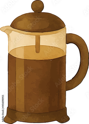 A watercolor-style illustration of a French press coffee maker with freshly brewed coffee, showcasing a classic method for making rich, aromatic coffee