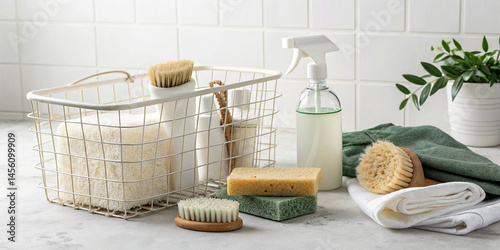 Bathroom accessories, wire basket, glass spray bottle, natural brushes, organic soap bars, green towel, white tiles, minimalist aesthetic, eco-friendly products, clean organized bathroom photo