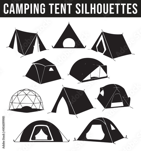 A variety of camping tents silhouettes in different designs and angles, showcasing various outdoor shelter types for adventurous outdoor experiences.