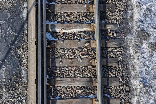 Railway tracks, rails close-up, top view.